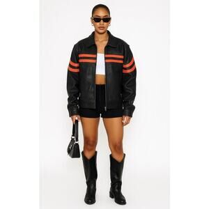 Vintage Leather Café Racer Jacket M–Orange Racing Stripe Moto Biker Heavyweight